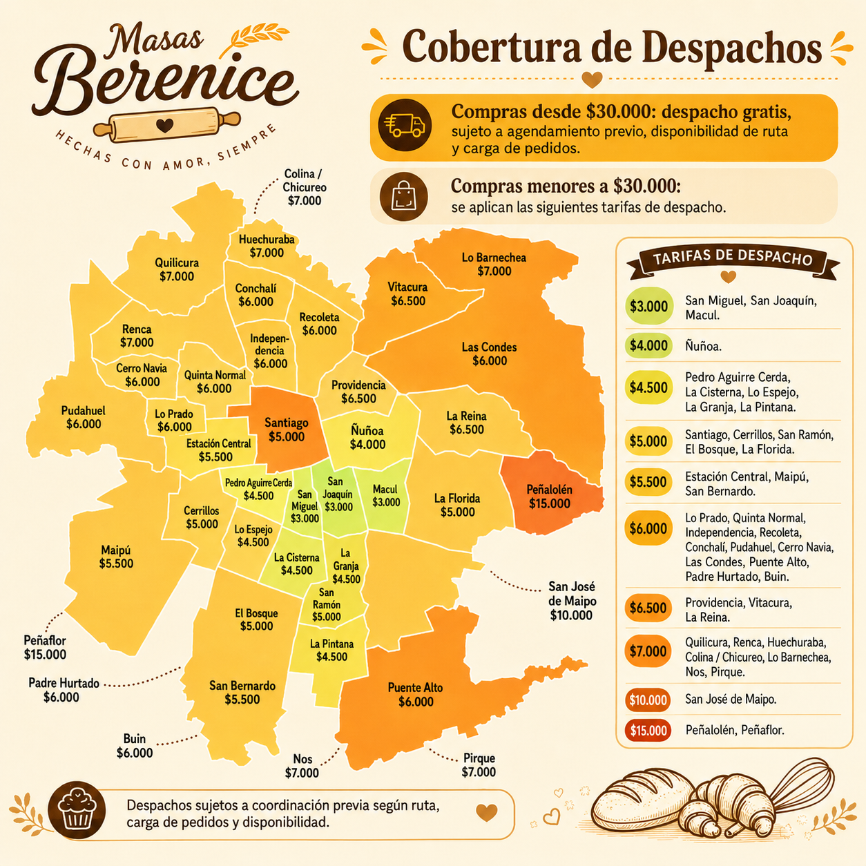 Mapa de cobertura y tarifas de despacho Masas Berenice