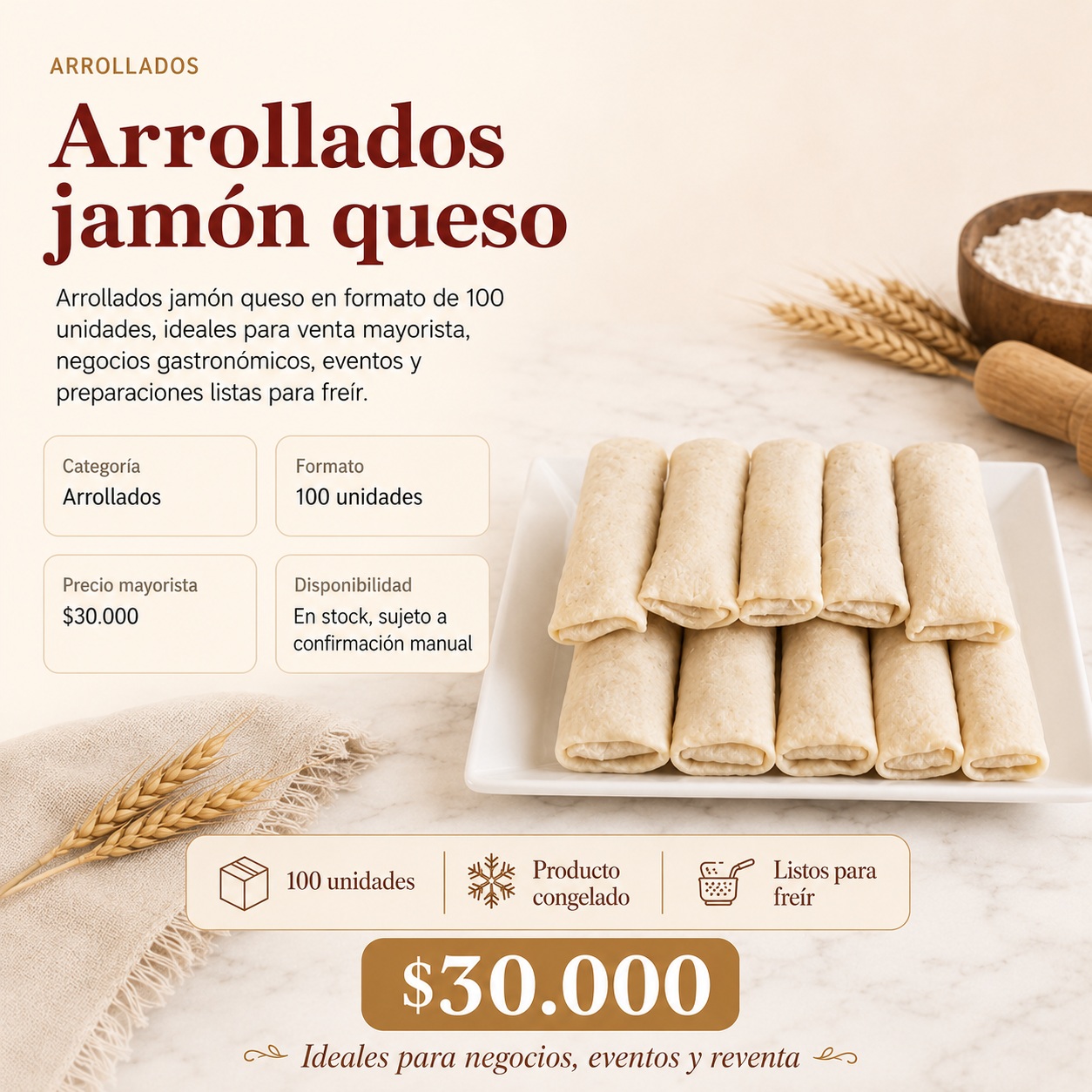 Arrollados jamón queso en formato de 100 unidades, Masas Berenice en Santiago