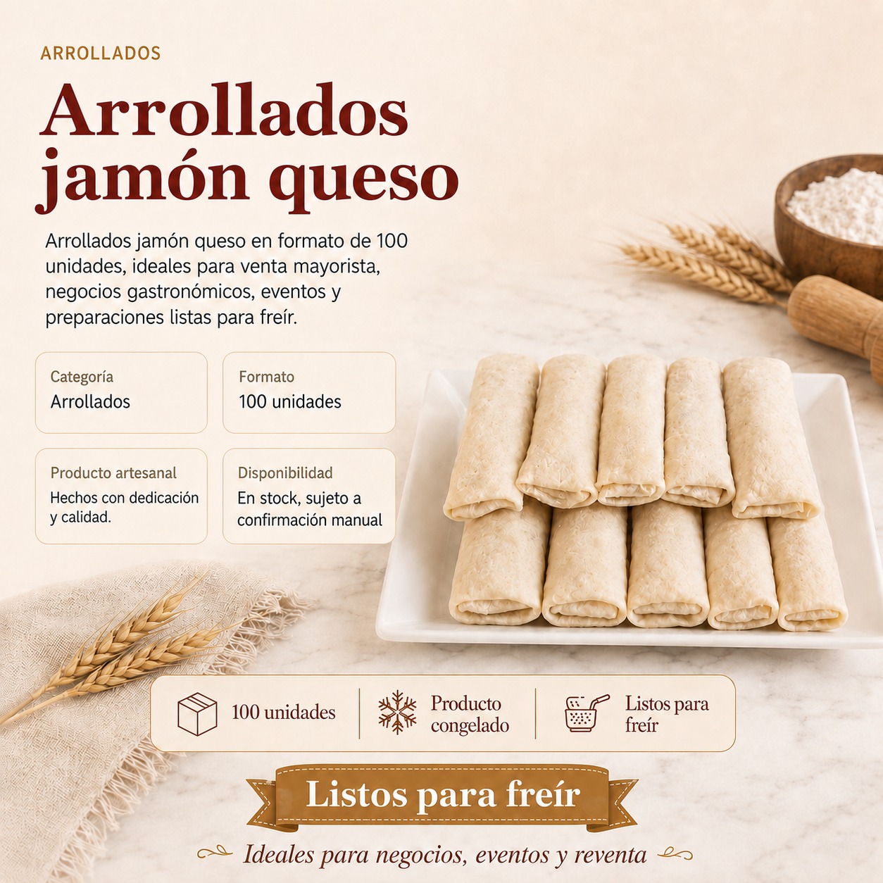 Arrollados jamón queso en formato de 100 unidades, Masas Berenice en Santiago