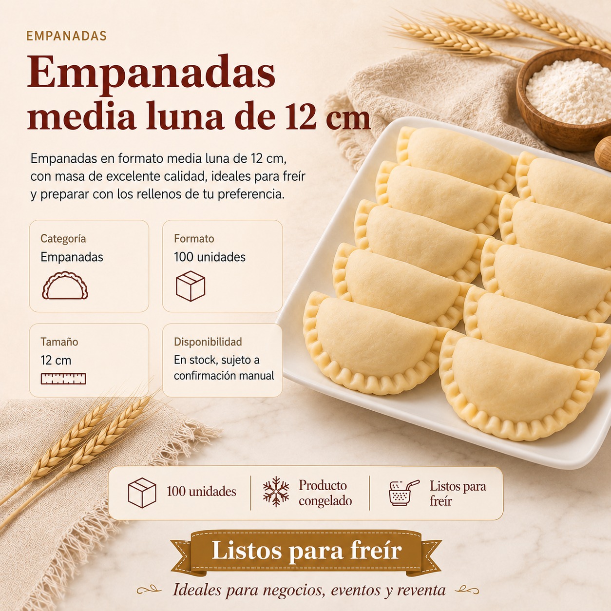 Empanadas media luna 12 cm en formato de 100 unidades, Masas Berenice en Santiago