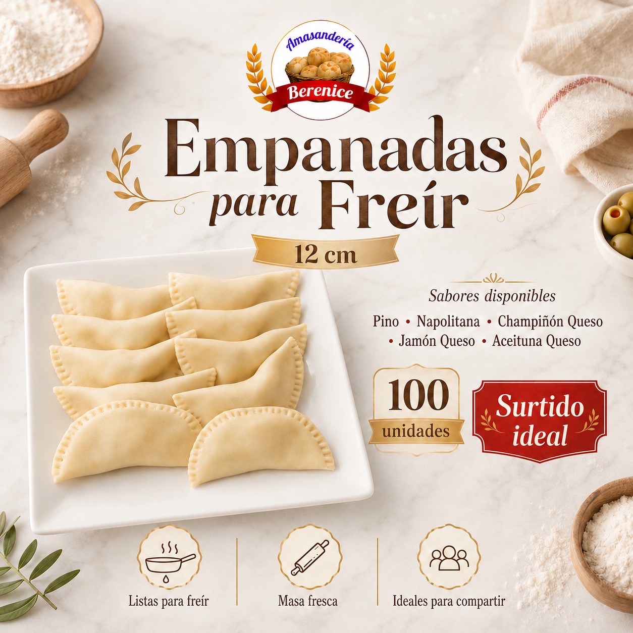 Empanadas para freir 12 cm premium en formato de 100 unidades, Masas Berenice en Santiago