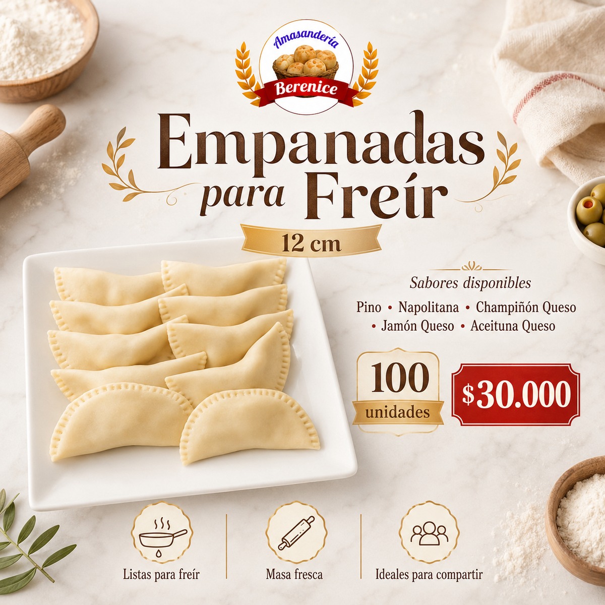 Empanadas para freir 12 cm surtidas en formato de 100 unidades, Masas Berenice en Santiago