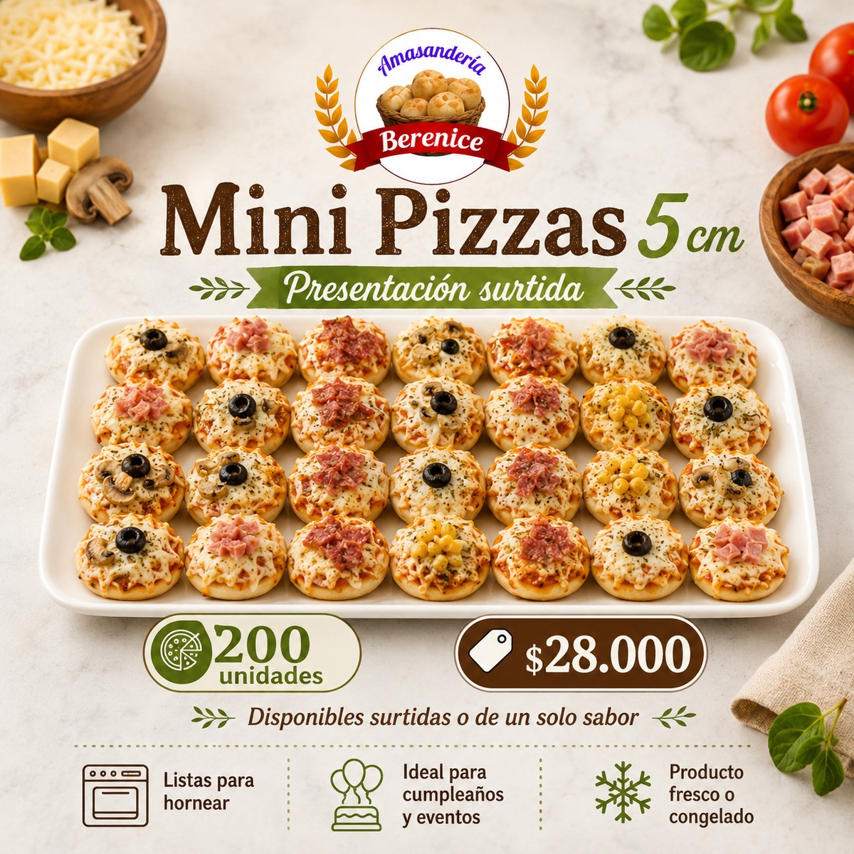Mini pizzas 5 cm surtidas en formato de 200 unidades, Masas Berenice en Santiago