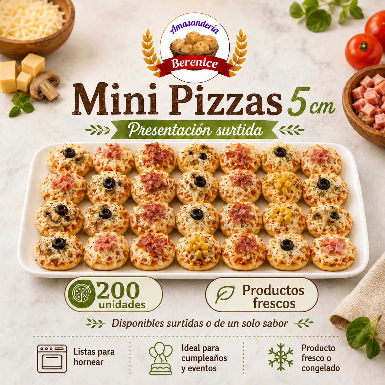 Mini pizzas 5 cm surtidas en formato de 200 unidades, Masas Berenice en Santiago